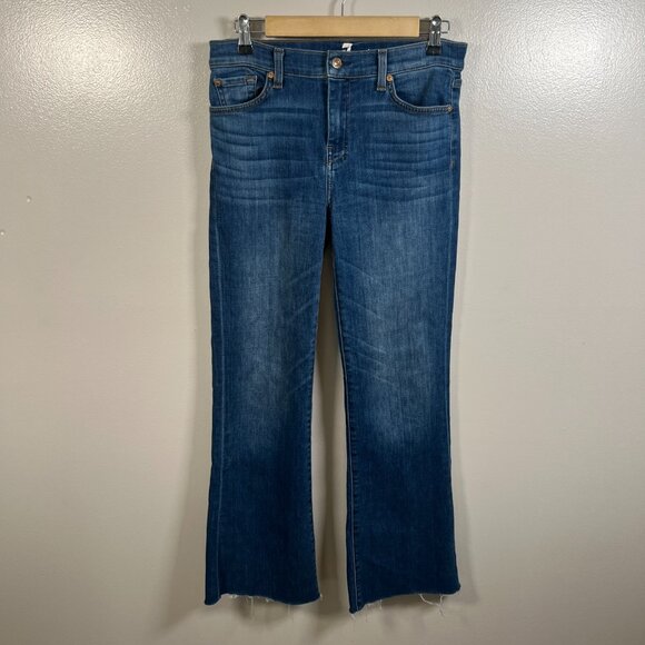 7FAMK Dojo Jeans Size 28 Frayed Hem Flared Retro Blue Denim Embroidered Pockets - Picture 2 of 11